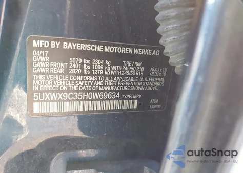 2017 BMW X3 xDrive28I z USA, uszkodzony, nr VIN 5UXWX9C35H0W69634